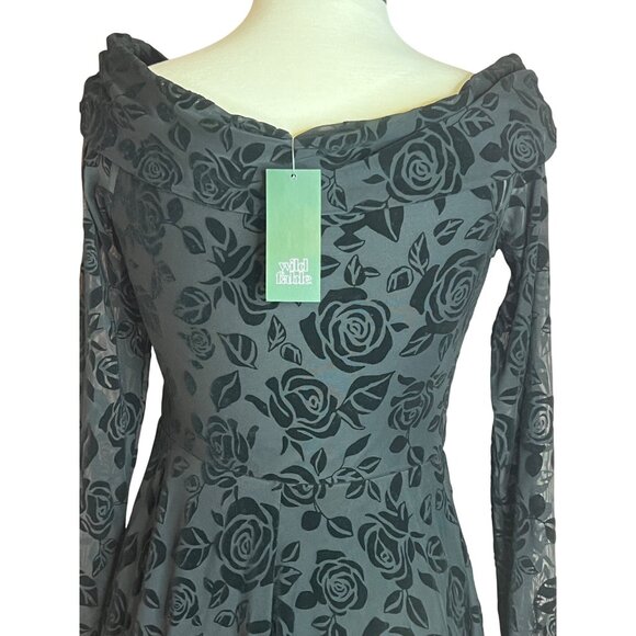 NWT Wild Fable M Black Rose Flocked Velvet Burnout Off-Shoulder Recycle Material - Picture 1 of 16